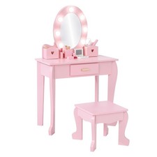 Wooden Kids Vanity Set Lighted Mirror Stool - Dressing Table Drawer Organizers