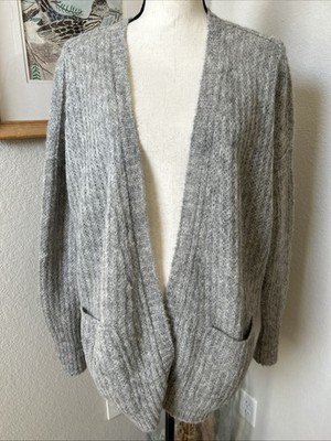 Free People Alpaca Gray Open Front Cardigan XS Oversized Pockets Ribbed Pockets