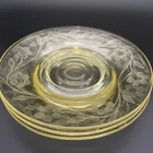 1930's Yellow Depression 3 Glass Saucers Salad Plates Acid-Etched Flowers 6”