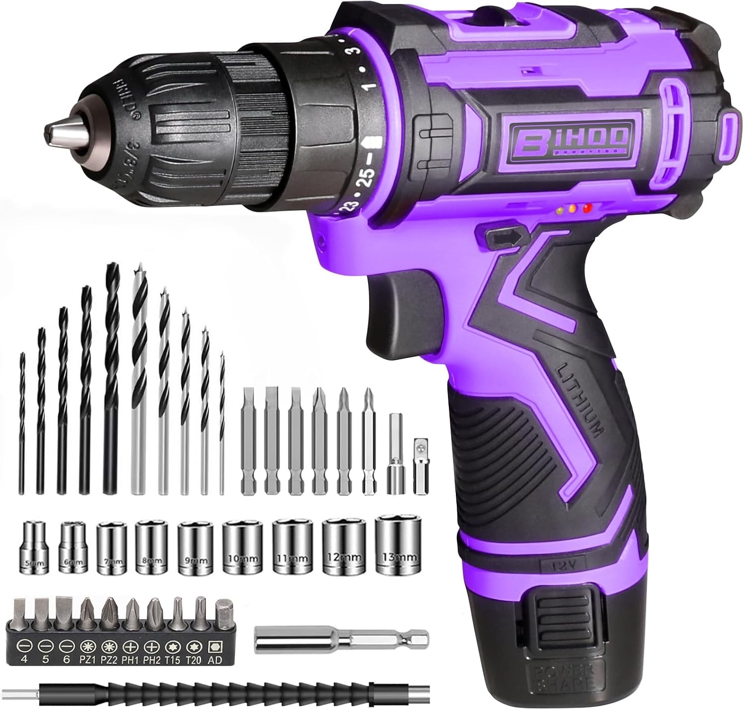 Purple 12V Cordless Drill,Electric Power Driver Kit,3/8-Inch