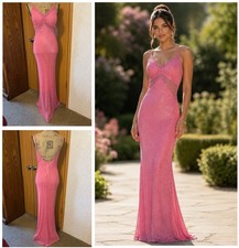 Vtg Y2K SCALA Pink Silk Beaded Sequin Dress HOCO Prom Formal Party Holiday M