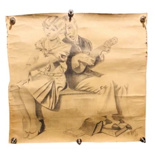 1933 Pencil On Paper Sketch Art Children Boy Girl Guitar Singing Nursery Signed