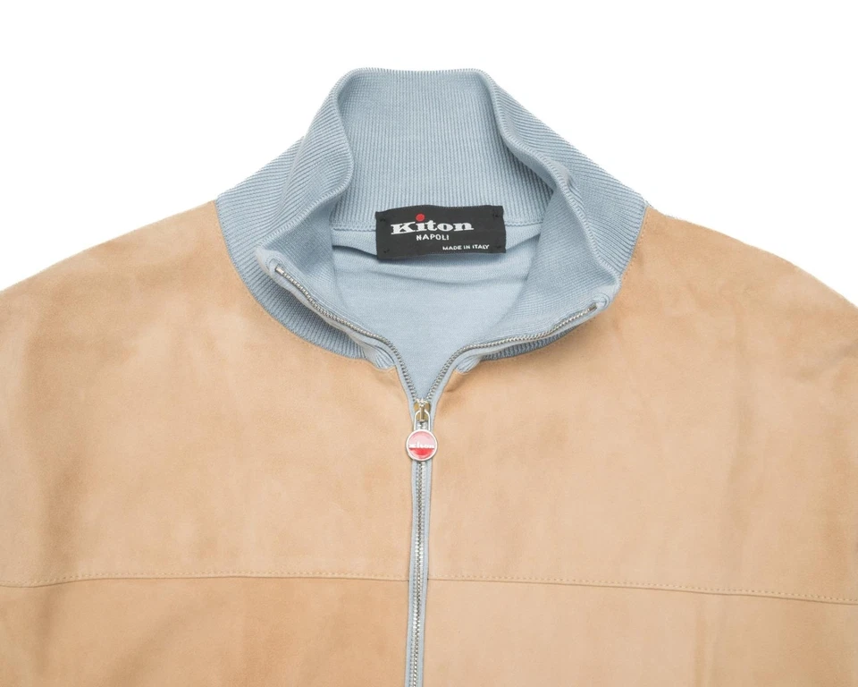 Kiton $6,940 Light Blue Beige Bomber Jacket Suede Inserts Cotton Silk M (50 IT) - Image 3 of 4