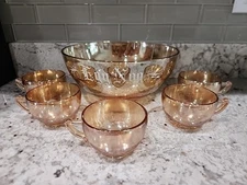 1950's Jeannette Marigold Iridescent Egg Nog Punch Bowl & 5 Cups-Beautiful Set