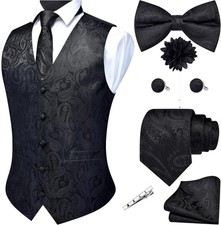 Men's 7PCS Formal Suit Vest Set V-Neck Paisley Jacquard Waistcoat Tie Bow Tie
