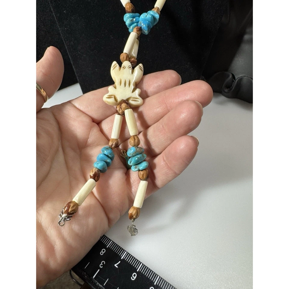 Vtg Navajo Necklace Turquoise, Buffalo Bone, Carved Turtle Talisman Tassel 24” L - Image 4 of 4