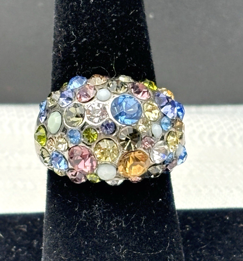 Multicolor Rhinestone Dome Shape Silver Tone Cock… - image 1