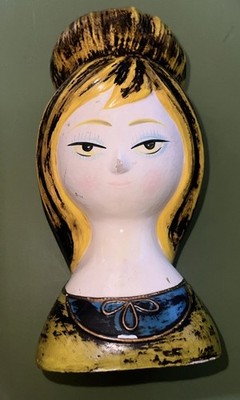 Vintage Paper Mache Girl Lady Bust Head Coin Bank Blonde Beehive Hair Figurine