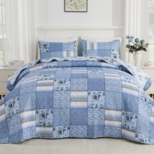 Extra Wide Alaska King Quilts 132x120, 3 Pcs Blue Plaid Floral Oversized King...