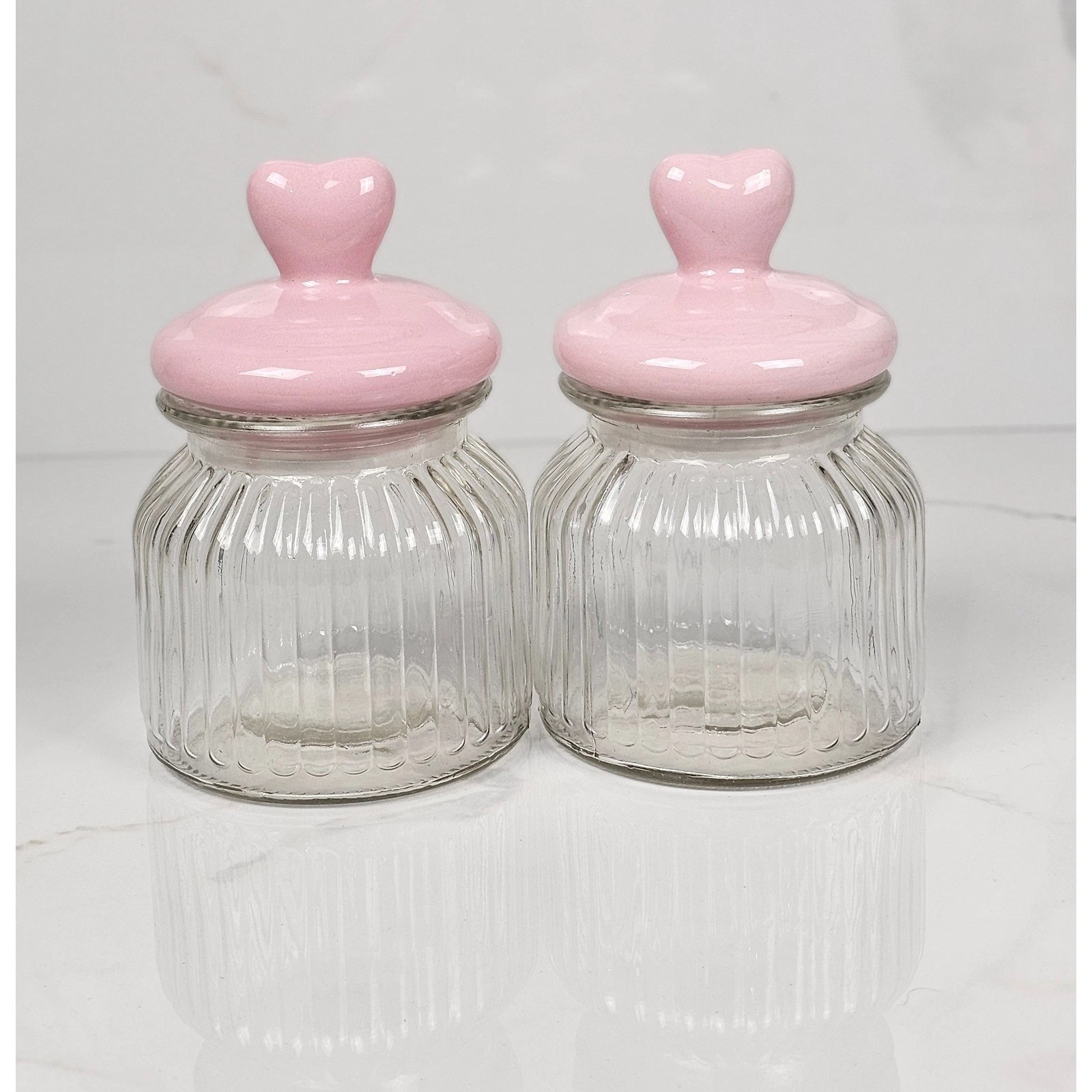 Set of 2 Glass Jars Pink Heart Lids Small Apothecary Candy Storage Containers