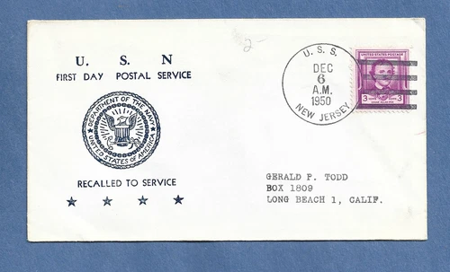 U.S.S. NEW JERSEY FIRST DAY POSTAL SERVICE DEC 6,1950  NAVAL COVER