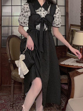 Vintage 2 Piece Dress Set Summer Black Gothic Dress Blouse + Strap Midi Dress