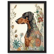 Doberman Dog Spring Flowers Watercolour Framed Wall Art Picture Print A4
