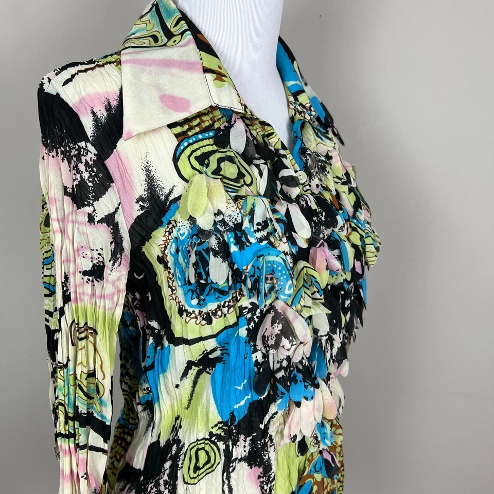 Kaelyn Max Blouse Top Women Medium Multicolor Crinkle Fringe Button Up Sheer Art - Image 4 of 4