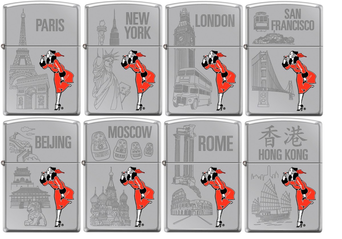 Zippo Windy Girl 8 Lighter Set Traveling Cities High Polish Chrome 