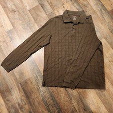 Van Heusen Mens Pull Over Knit Shirt Sz M Brown Grid Check Long Sleeve
