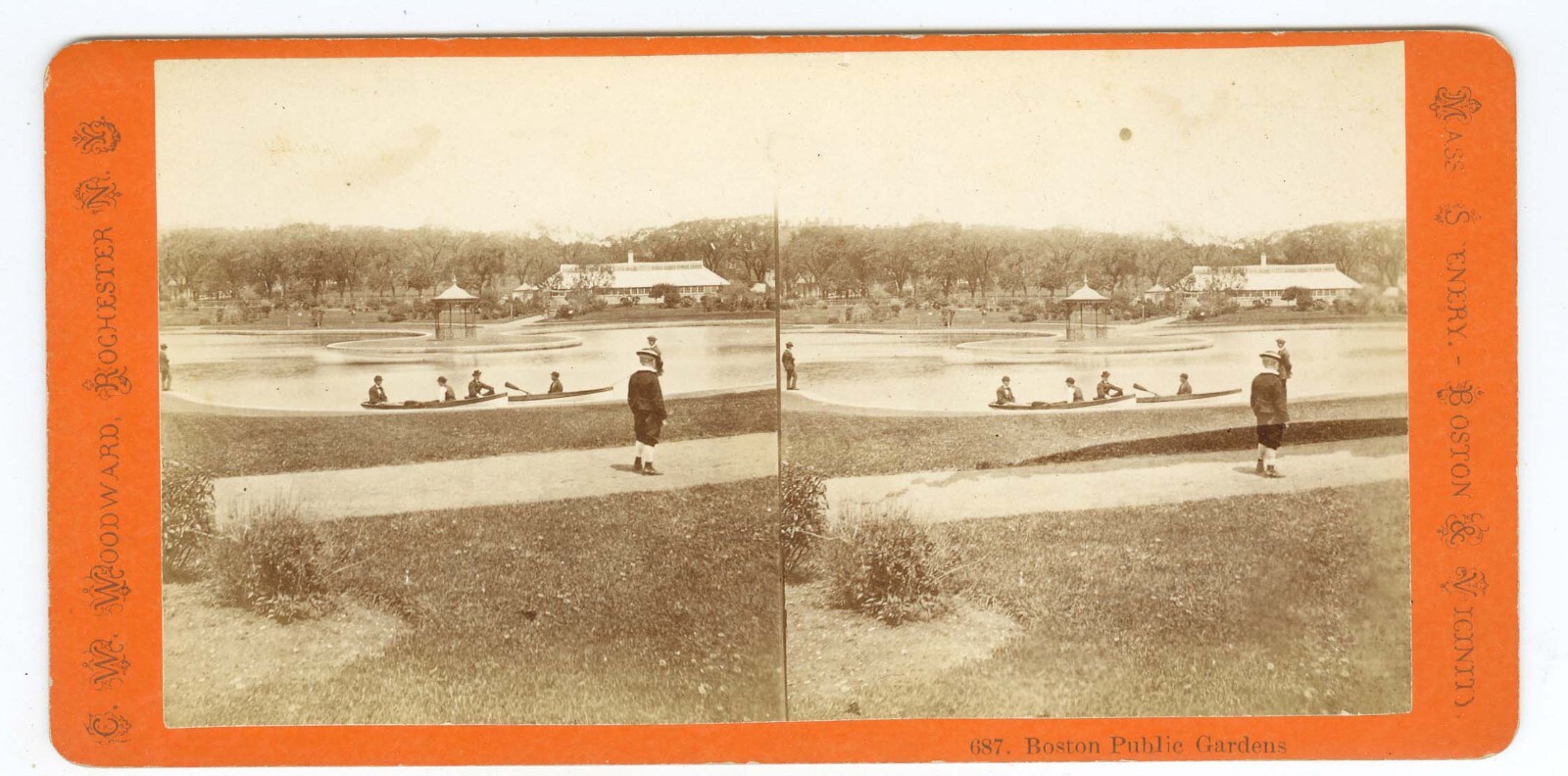 D0919~ BOSTON MASS – Public Garden & Canoes Stereoview c.1870s