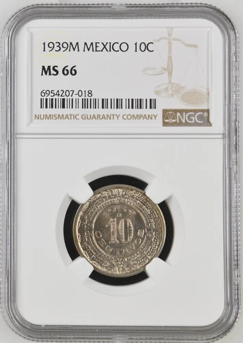 MEXICO ESTADOS UNIDOS 1939 10 CENTAVOS COIN CERTIFIED GEM UNCIRCULATED NGC MS-66