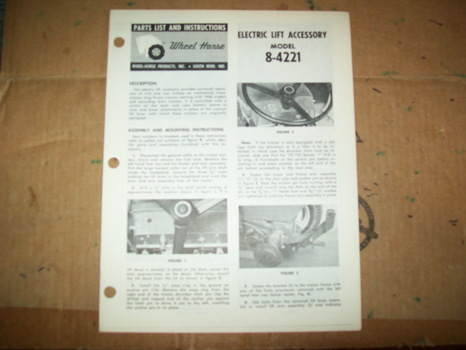 1970 Wheel Horse Electric Lift Accessory Model 84221 Parts List