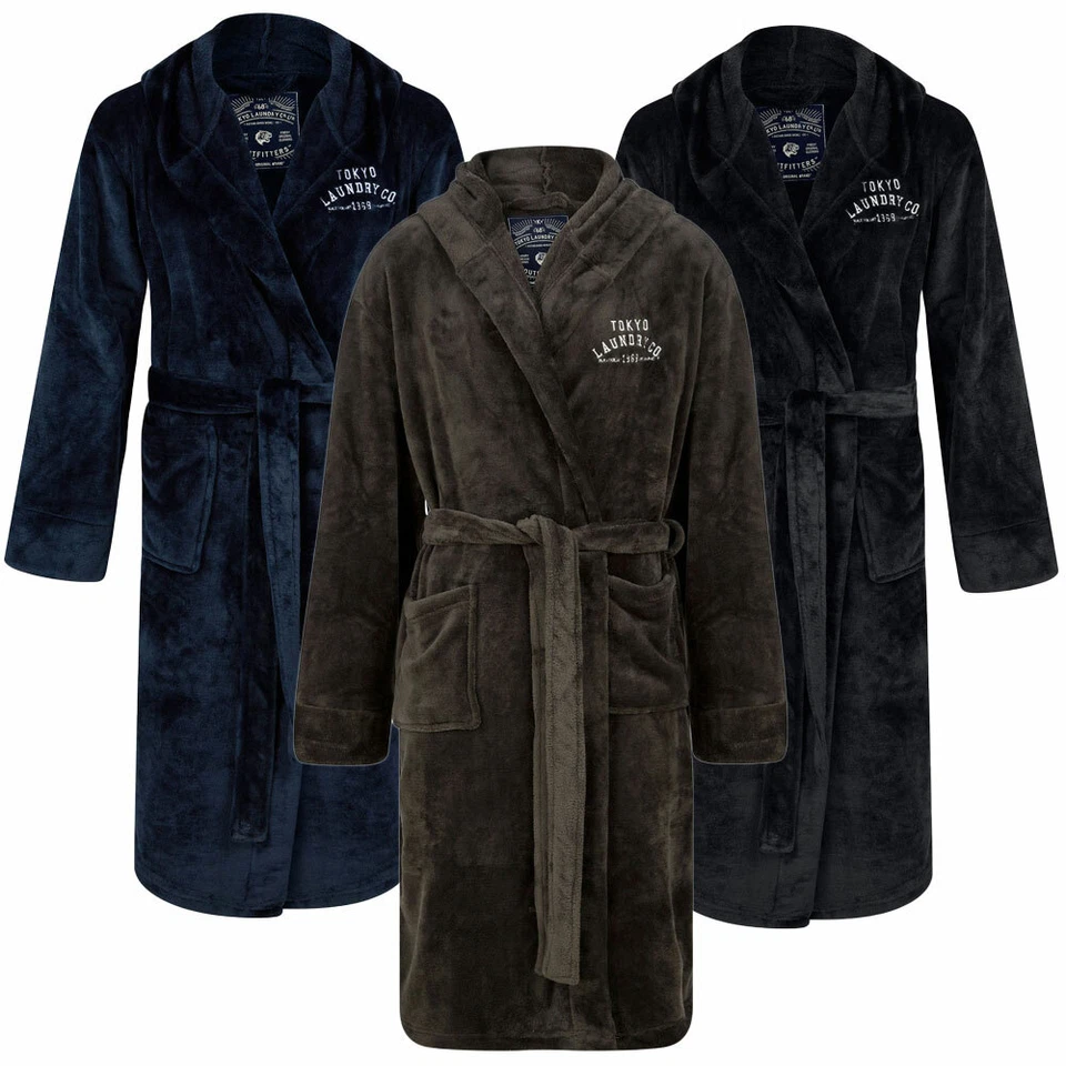 Tokyo Laundry Men's Dressing Gown Hooded Soft Fleece Bathrobe Kimono Nightwear