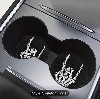 Skeleton Finger Car Coaster Set Black White Round 7cm Washable 2pcs