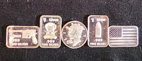 5 x 1 Gram .999 Fine Silver Bars and Round Lot Assorted Designs. Unique & Fun:)