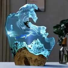 NEW 8" Surfer & Shark Action Ocean Wave Blue Resin Sculpture USB Adjust Dim Lamp