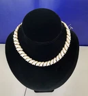VTG Choker Necklace Trifari White Milk Glass Gold Metal 15" Collared Necklace