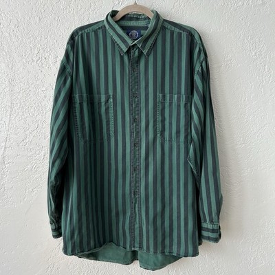Vintage GAP Striped Button Up Shirt XL Green Black Cotton 90s Preppy Casual