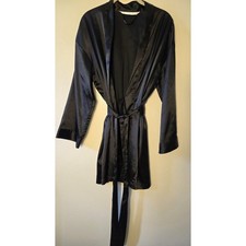 Victoria's Secret Black Satin Dressing Gown Robe Short Attached Belt One Size