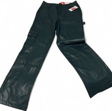 Women Green Cargo Pants Faux Leather Pants Multiple Pockets Streetwear Style L