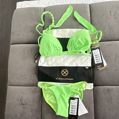 Vix Paula Hermanny Green Beaded 2pc Triangle Halter Bikini Set D Cup Sz 2