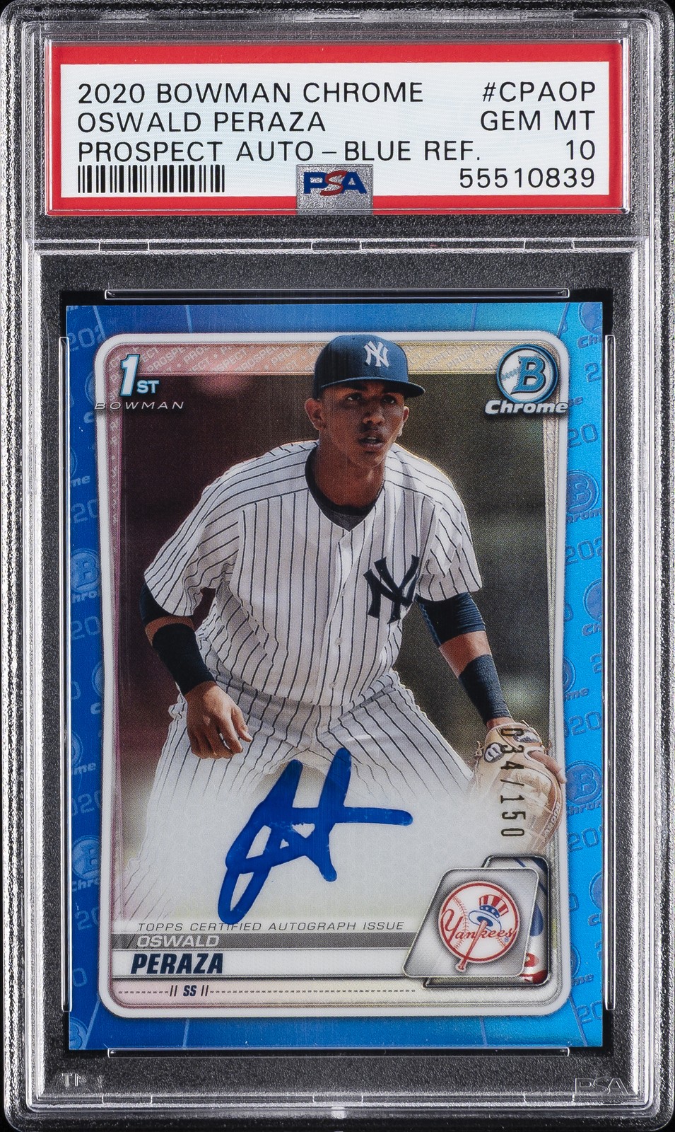 2020 BOWMAN CHROME PRSPCT AUTOS BLUE REFRACTOR OSWALD PERAZA #/150 PSA 10 AUTO