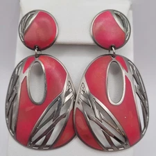 Vtg Edgar Berebi Red Enamel Silver Tone Large Geometric Abstract Earrings 80's