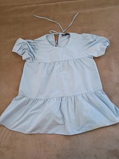 Zara Light Blue Puff Short Sleeve Ruffle A-Line Dress V-Neck XS Woven Tie
