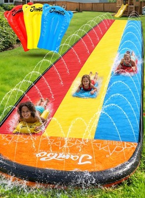 JAMBO Premium Triple Water Slide with 3 Bodyboards, 20Ft Heavy Duty Slip Spla...