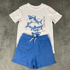 Member's Mark Kids Size 7 Playwear Set White Blue Shark Graphic Tee Shorts