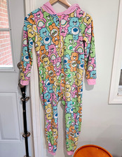 Care Bears Hooded Fleece Zip One-Piece Sleeper Pajamas Size 10/12 Multicolor
