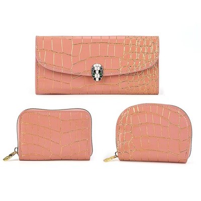 La Marey Pink Crocodile Faux Leather 3pcs Ladies Wallet and 2pcs Card Wallets
