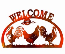 Welcome With Chickens Metal Sign Faux Copper Finish. 23x15