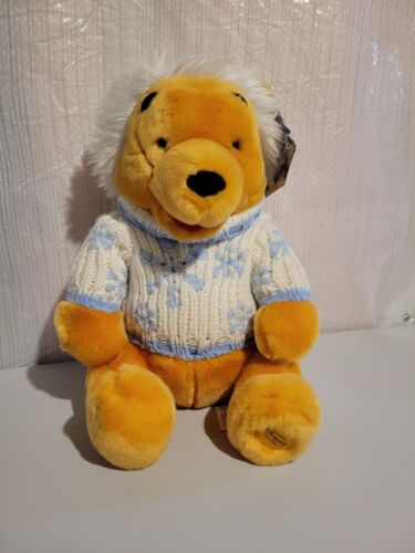 Disney Store WINNIE THE POOH Bear 11" Plush Winter White & Blue Sweater - Picture 1 of 8