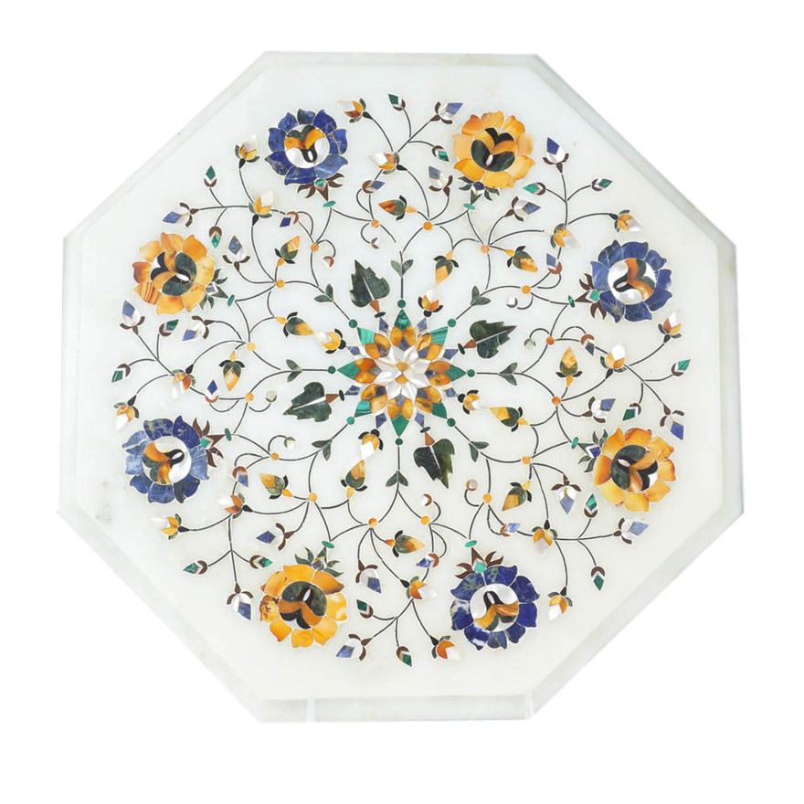 12-inch marble table top with semi-precious stone inlay floral design for home decor