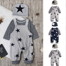 Toddler Kids Baby Boys Girls Outfits Star T-shirt Straps Pants Hat Clothes Suits