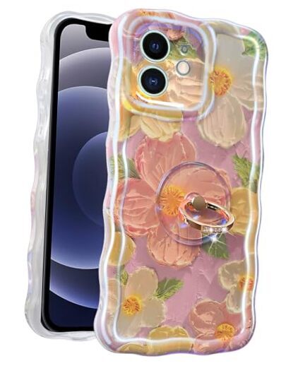 for Case with Ring, Oil Painting Flower Colorful Retro Floral iPhone 11 Pink