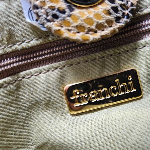 Franchi Bolso de Hombro Cartera Bolso de Mano Cuero Negro/Tostado Piel de Serpiente Estampado Animal Usado en Excelente Condición - Imagen 14 de 15