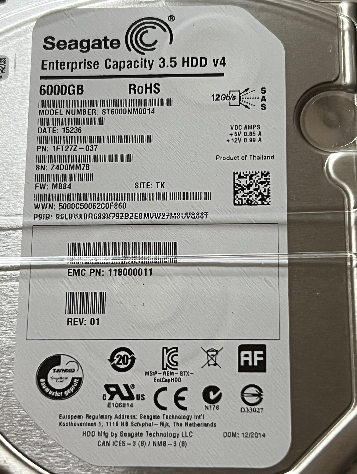 NEW 6TB SAS HDD ST6000NM0014 SEAGATE 3.5” SAS 7.2K 12GB 0 Hours