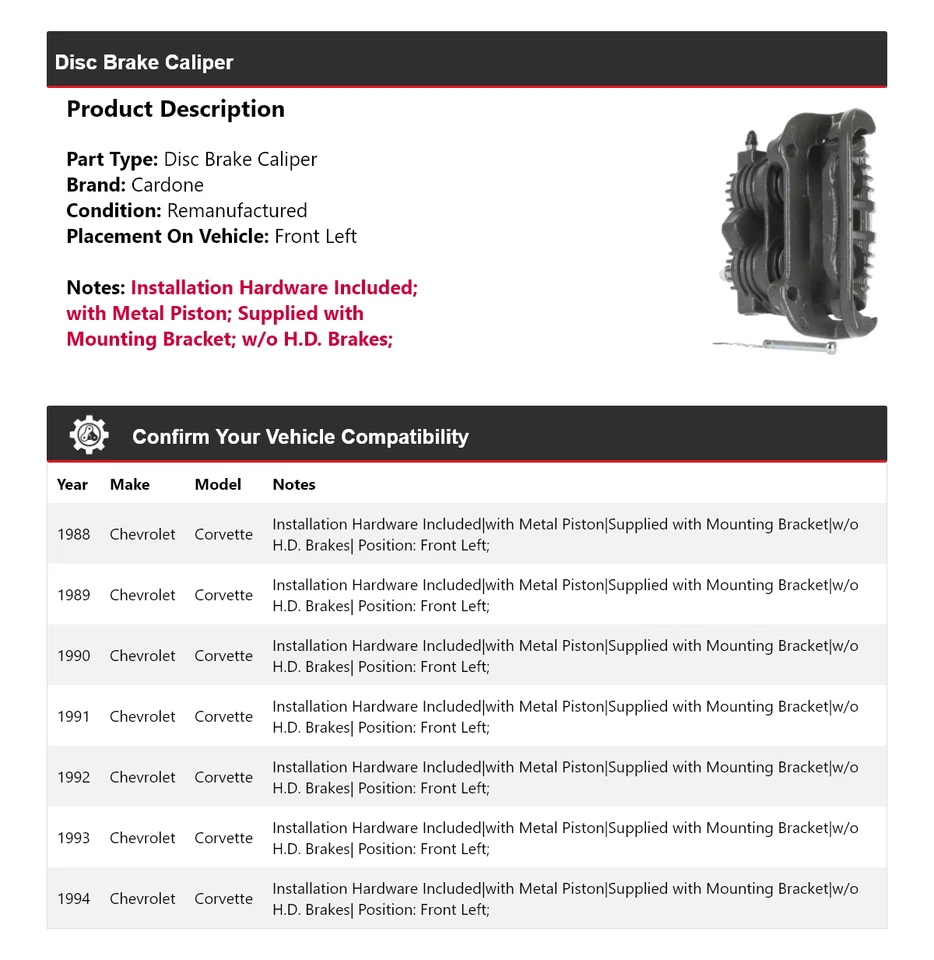 Pinza de freno de disco delantera izquierda cardone 1989 1990 para Chevrolet Corvette 1988-1994 Foto 2 de 4