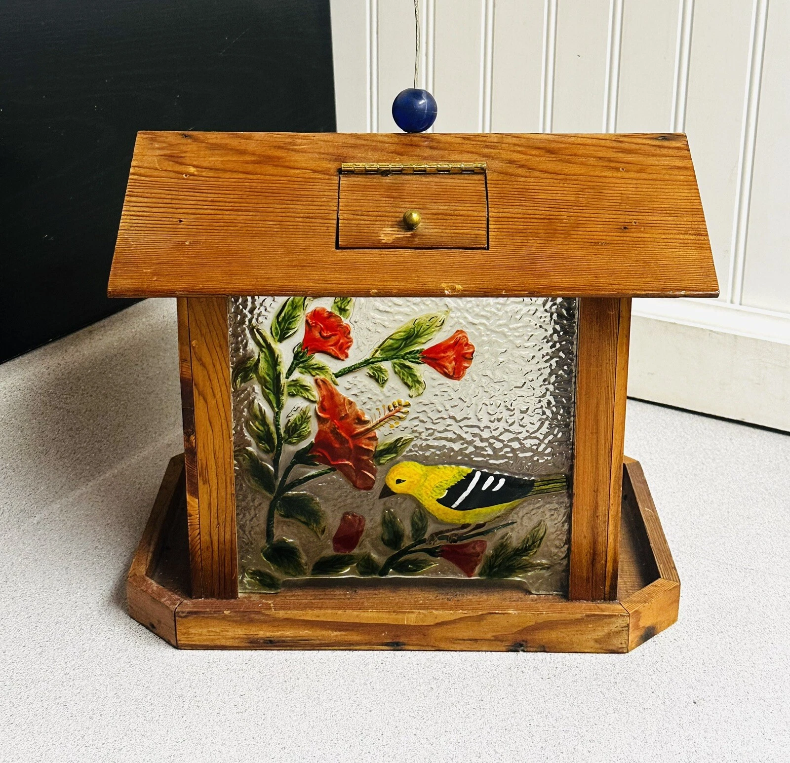 Antique Hanging Hand Made Wooden Bird Cage With Floral Bird Stained Glass Rare