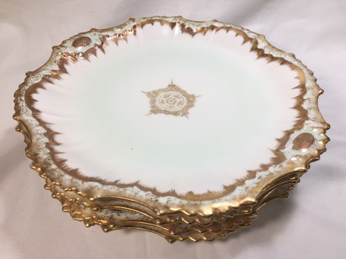 (4) c1900's PHL Limoges Double-Gold Light Green 9.25 Inch Scalloped PLATES - Picture 7 of 11