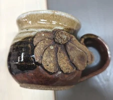 D Rowe Pottery Mug Signed Brown Applied Flowers Speckled Glace Thrown Pottery